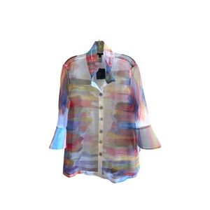 John Mark NWT Sheer White button blouse with Colorful strips along the sides.